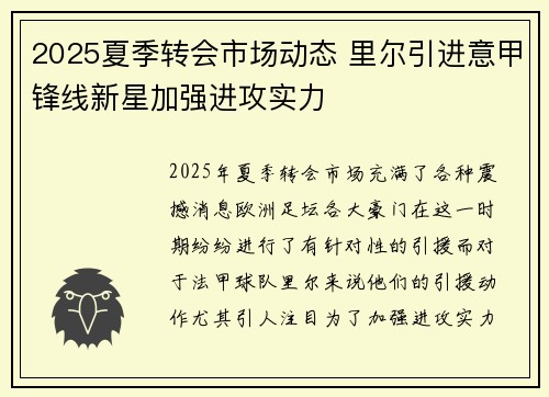 2025夏季转会市场动态 里尔引进意甲锋线新星加强进攻实力