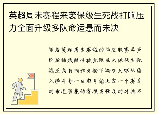 英超周末赛程来袭保级生死战打响压力全面升级多队命运悬而未决 英超周末赛程来袭保级生死战打响压力全面升级多队命运悬而未决